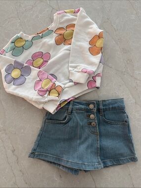 Jessica Simpson White Floral Sweatshirt & Denim Skort Set